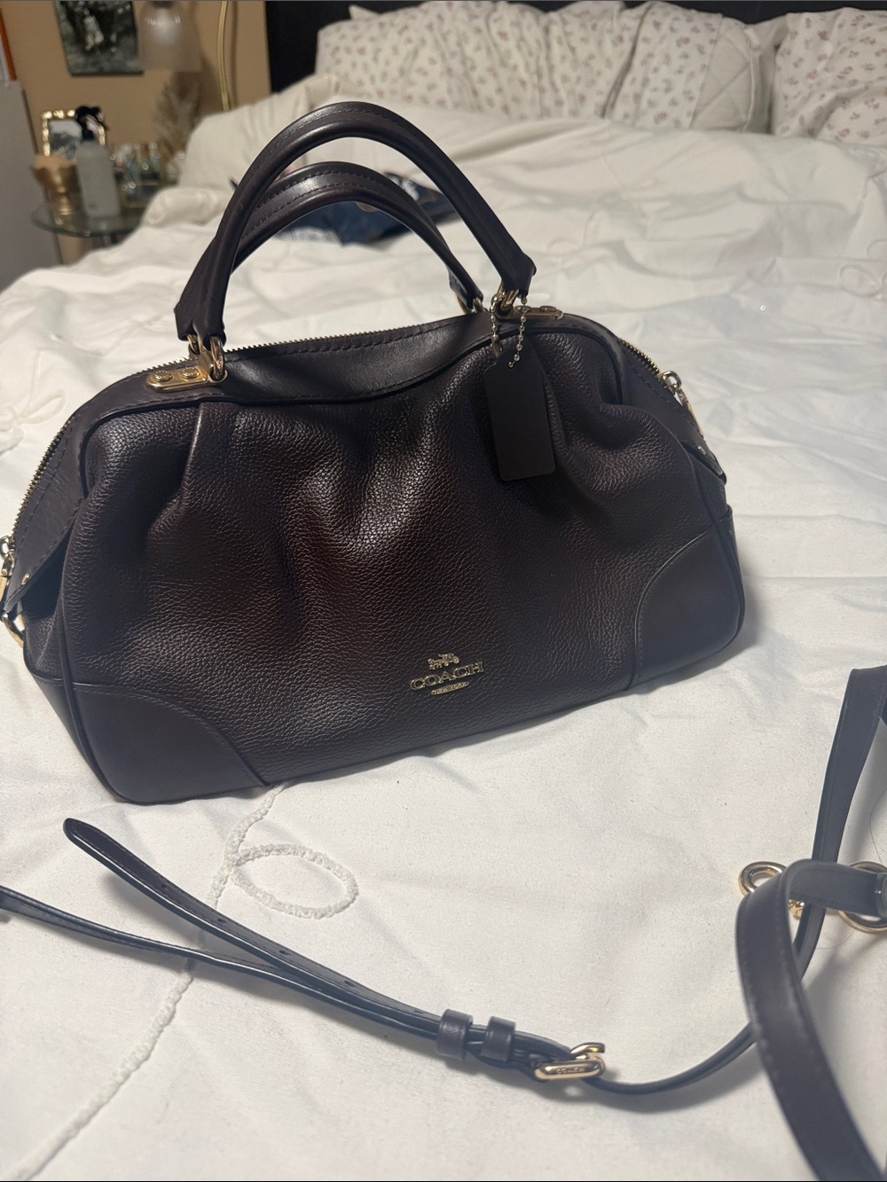 Coach Pebble Leather Satchel — Dark Chocolate Brown with Gold Hardware